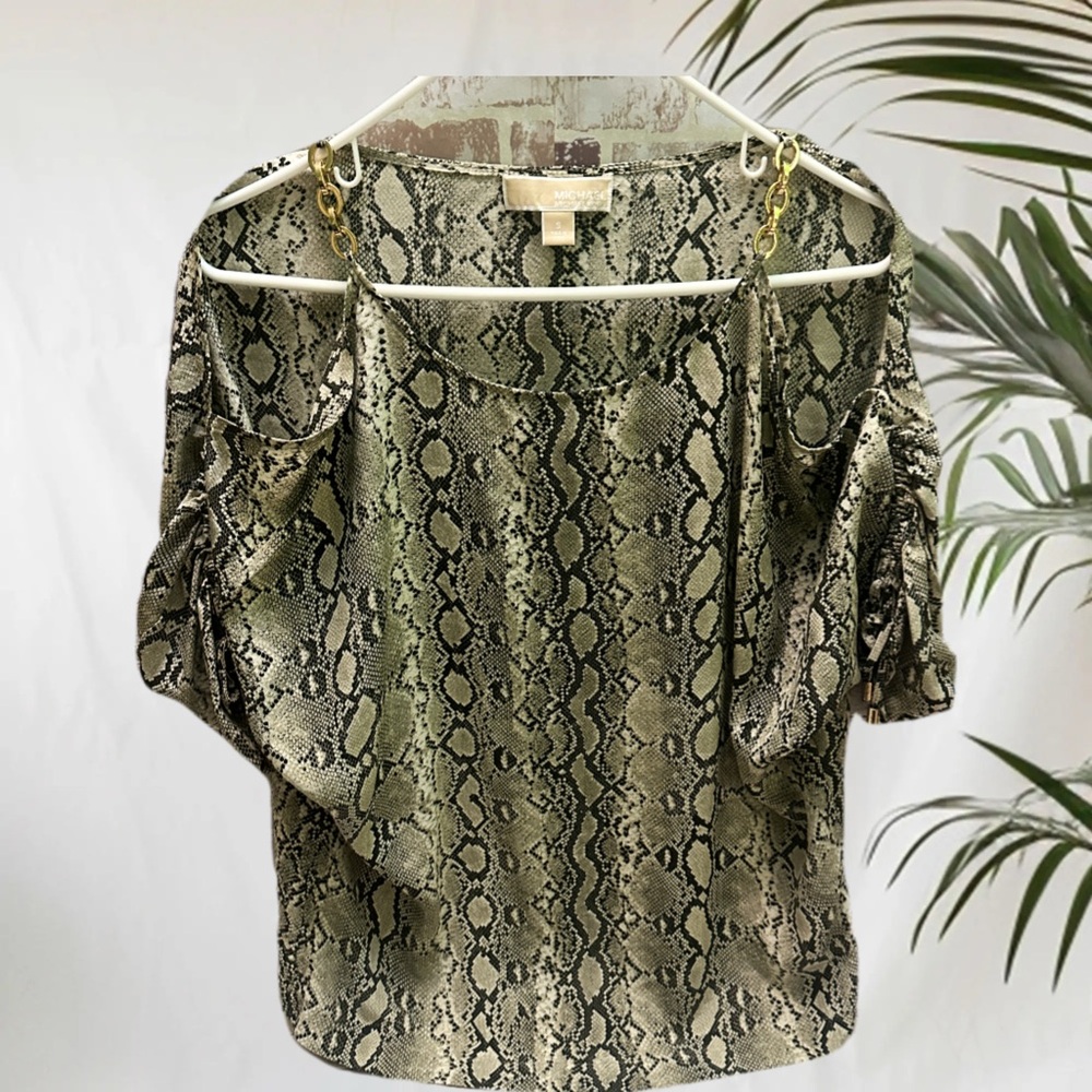 Michael Kors Snake Print Cold Shoulder Top with chain Detail S